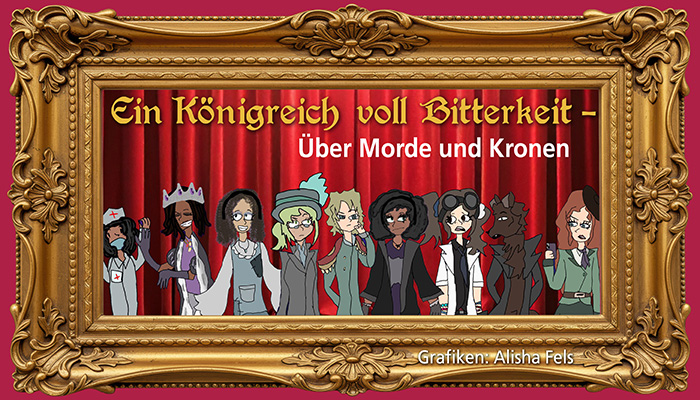 In einem goldenen, barocken Bilderrahmen sind die Figuren des Theaterstücks auf einer Bühne zu sehen. Es gibt z.B. einen Wolf, eine Königin und eine Ärztin.