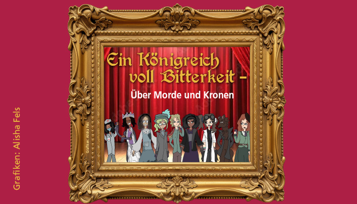 In einem goldenen, barocken Bilderrahmen sind die Figuren des Theaterstücks auf einer Bühne zu sehen. Es gibt z.B. einen Wolf, eine Königin und eine Ärztin.
