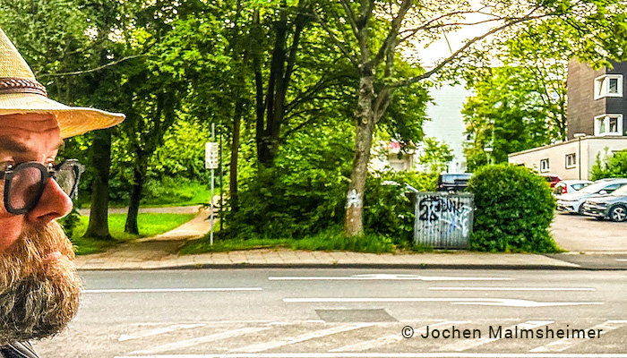 Malmsheimer im Halbportrait vor Straßenszenerie mit Park, Häusern und parkenden Autos im Hintergrund