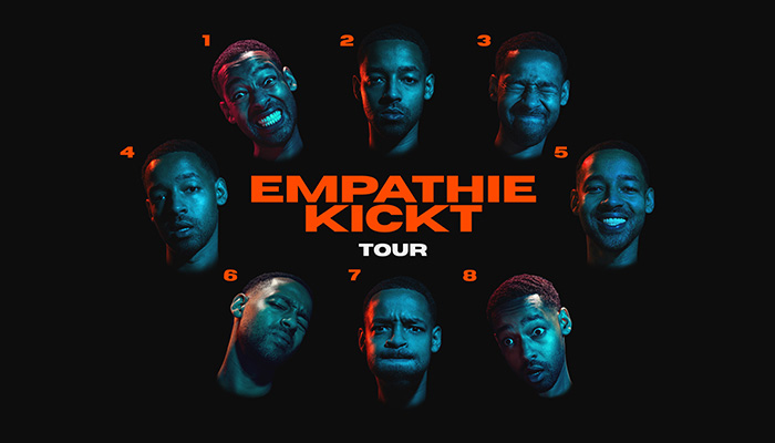 Acht Portraits des Künstlers Bruno Banarby mit verschiedenen Grimassen im Kreis angeordnet rahmen den Titel "Empathie kickt" ein.
