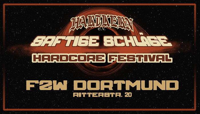 Schriftzug "Saftige Schläge" und Hartkern e.V. vor dunklem Hintergrund gesetzt wie Filmtitel à la Star Wars