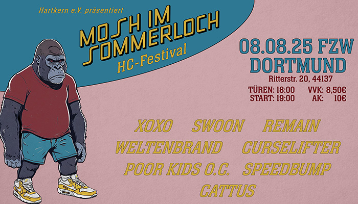Ein Gorilla in Shorts mit Turnschuhen ist auf dem Plakat mit dem Line-Up zu sehen.